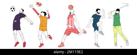 Satz von Vektorabbildungen. Menschen, Sportler, die auf weißem Hintergrund trainieren. Basketball, Fußball, Fußball, Volleyball und Golfsportler Stock Vektor