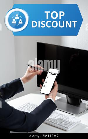 Text wird angezeigt Top Discount. „Best Price Garantied Hot Items Crazy Sale“-Werbeaktionen Stockfoto