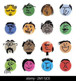 Farbige Doodle-Köpfe. Runde Comic-Gesichter mit verschiedenen Emotionen. Zeichenstil. Verschiedene bunte Charaktere. Leute im Cartoon-Stil. Stock Vektor