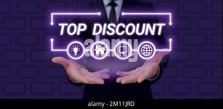 Text wird angezeigt Top Discount. Business Showcase Best Price garantiert heiße Artikel Verrückte Sonderangebote Stockfoto