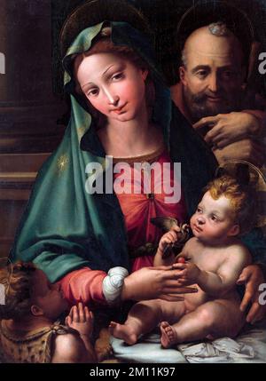 Die Heilige Familie mit dem Säuglingsheiligen Johannes dem Täufer vom Maler der späten Renaissance, Perino del Vaga (1501-1547), Öl auf der Platte, c. 1534-26 Stockfoto