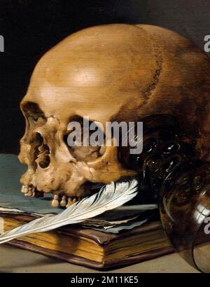 Still Life with a Skull and a writing Quill vom niederländischen Künstler des Goldenen Zeitalters, Pieter Claesz (ca. 1597–1660), Öl auf Holz, 1660 Stockfoto