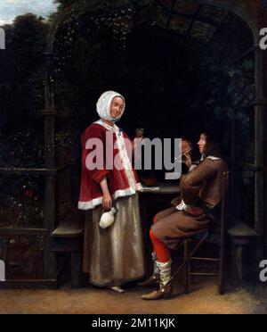 Pieter de Hooch. Gemälde mit dem Titel "A Woman and Two Men in an Arbor" des niederländischen Malers aus dem Goldenen Zeitalter, Pieter de Hooch (1629-1684), Öl auf Holz, c. 1657/8 Stockfoto