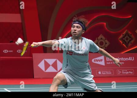 Bangkok, Thailand. 09.. Dezember 2022. Kodai Naraoka aus Japan wurde während des Badminton Menís Double bei den HSBC BWF World Tour Finals 2022 im Nimibutr Stadium in Aktion gesehen. Kodai Naraoka gewann Lu Guang zu 2-0 (21-19, 21-15). (Foto: Peerapon Boonyakiat/SOPA Images/Sipa USA) Guthaben: SIPA USA/Alamy Live News Stockfoto