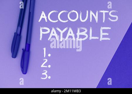 Das Zeichen zeigt die Kreditorenbuchhaltung an. Unternehmen zeigen Geld, das ein Unternehmen seinen Lieferanten schuldet, als Verbindlichkeit an Stockfoto