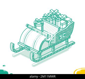 Isometrischer weihnachtlicher Schlitten mit Geschenkboxen. Konzept Umreißen. Vektordarstellung. Frohe Weihnachten und ein frohes neues Jahr. Stock Vektor