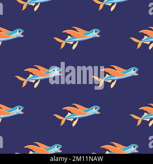 Cartoon-Muster fliegender Fische auf blauem Hintergrund für Druck und Design.Vektordarstellung. Stock Vektor