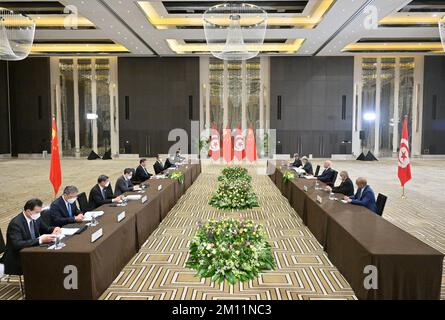 Riad, Saudi-Arabien. 9.. Dezember 2022. Der chinesische Präsident Xi Jinping trifft sich mit seinem tunesischen Amtskollegen Kais Saied am 9. Dezember in Riad, Saudi-Arabien. 2022. Kredit: Yue Yuewei/Xinhua/Alamy Live News Stockfoto