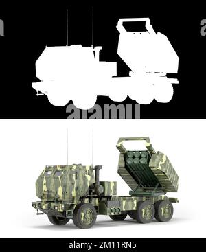 Himars High Mobility Artillery Raketensystem Landvermietungen für die ukraine 3D Rendern auf Weiß mit Alpha Stockfoto