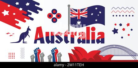 Banner für den Nationaltag Australien für den Unabhängigkeitstag 26. Januar. Australische Flagge, Wahrzeichen, erhöhte Fäuste und geometrisches Hintergrunddesign in Rot-Blau. Stock Vektor