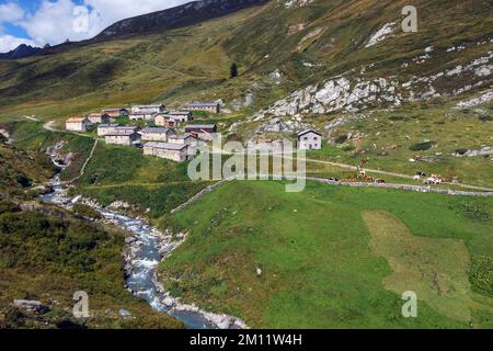 Die Jagdhausalm Steinhäuser, malerische natürliche Umgebung. Hoher Tauern-Nationalpark. St. Jakob in Defereggen. Österreich. Europa. Stockfoto