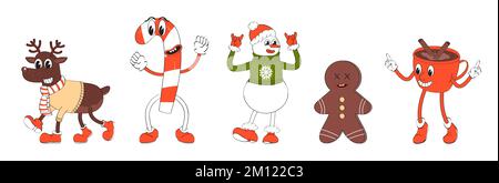 Maskottchen-Hirsch, Schneemann, Lebkuchen im Cartoon-Stil, Weihnachtsmann-Peitsche, Tasse Kaffee, Kakao mit Zimt. Fröhlich Stock Vektor
