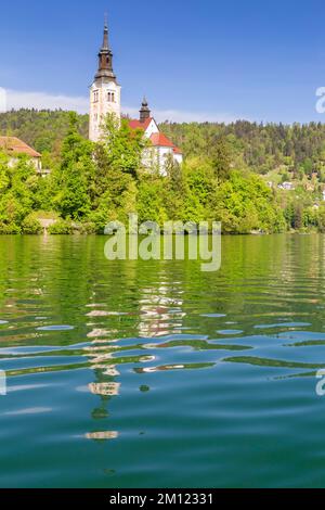Blick auf die Bled Kirche und die Insel am Bleder See. Bled, Oberkarniola, Slowenien. Stockfoto
