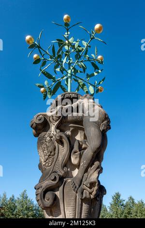 Das Orangendenkmal ist ein Denkmal auf dem Marktplatz von Oranienbaum-Wörlitz. Es gilt als Wahrzeichen des Oranienbaums. Stockfoto