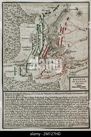 7 Jahre Krieg (1756-1763). Karte der Schlacht von Palzig, auch Schlacht von Kay genannt (23. Juli 1759). Eine preußische Armee unter General Carl Heinrich von Wedel wurde von einer russischen Armee unter Graf Pjotr Saltykov besiegt. Veröffentlicht im Jahr 1765 vom Kartografen Jean de Beaurain (1696-1771) als Illustration seiner Großen Karte Deutschlands mit den Ereignissen, die während des Siebenjährigen Krieges stattfanden. Ätzen und Gravieren. Französische Ausgabe, 1765. Militärhistorische Bibliothek von Barcelona (Biblioteca Histórico Militar de Barcelona). Katalonien. Spanien. Stockfoto