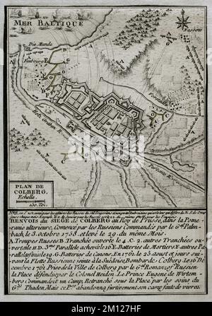 7 Jahre Krieg (1756-1763). Karte der Belagerung von Colberg (vom 3. Bis 29. Oktober 1758). Preußische Stadt in Brandenburg, in Vorpommern. Russische Truppen unter Palmenbach versuchten erfolglos, die Stadt zu erobern. Veröffentlicht im Jahr 1765 vom Kartografen Jean de Beaurain (1696-1771) als Illustration seiner Großen Karte Deutschlands mit den Ereignissen, die während des Siebenjährigen Krieges stattfanden. Gravur. Französische Ausgabe, 1765. Militärhistorische Bibliothek von Barcelona (Biblioteca Histórico Militar de Barcelona). Katalonien. Spanien. Stockfoto