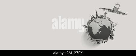 Innovation kreative Idee Geschäft durch Doodle Zeichnung Skizze handgezeichnete Flugzeug reisen um die Welt als Konzept. Stockfoto