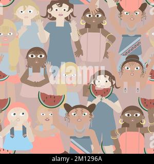 Mädchen unterschiedlicher ethnischer Herkunft mit Wassermelonenschnitten, nahtlosem Muster ohne Hintergrund Stock Vektor