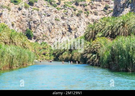 Blick auf den Fluss Megalopotamos und den Palmenwald Preveli, Rethymno, Kreta, griechische Inseln, Griechenland Stockfoto