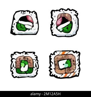 Vector Delicious Sushi Set, Essensikonen, japanisches Essen Stock Vektor