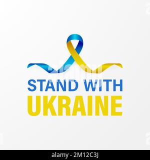 Stehe mit der Ukraine. Anti war Call mit dem Smbol des Friedens mit blauem und gelbem Seidenband. Farben Der Ukrainischen Flagge. Kampf, Protest, Unterstützung Der Ukraine Stock Vektor