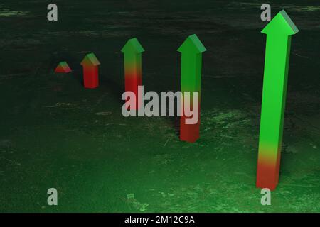 3D-Darstellung eines Balkendiagramms mit Pfeilen, die Wachstumspotenzial zeigen. Stockfoto