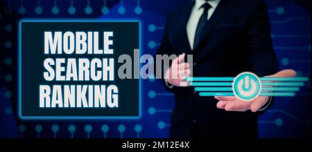 Textüberschrift mit Ranking der mobilen Suche. Die Website oder Seite des Geschäftskonzepts wird innerhalb der Suchmaschinenergebnisse eingestuft Stockfoto