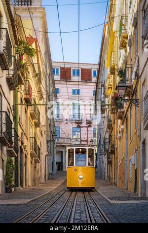 Historische gelbe Straßenbahn in einer steilen Straße in Lissabon, Portugal Stockfoto