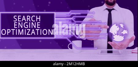 Textüberschrift zur Suchmaschinenoptimierung. Geschäftsüberblick Anstieg von Traffic und Analysen auf Unternehmensseiten Stockfoto