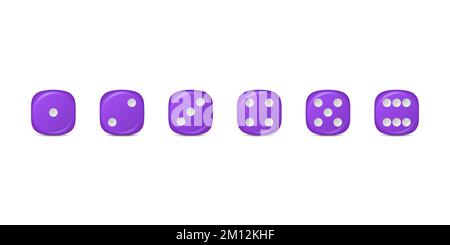 Vector 3D realistisch Purple Game Würfel Symbol Set Großaufnahme isoliert. Spielwürfel für Glücksspiel, Spielwürfel von 1 bis 6 Punkten, runde Kanten Stock Vektor