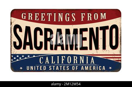 Grußzeichen aus Sacramento aus rostigem Metall im Vintage-Stil auf weißem Hintergrund, Vektorzeichnung Stock Vektor