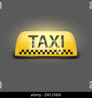 Vector 3D realistisch leuchtendes Taxi-Auto-Symbol Nahaufnahme isoliert. Gelbes französisches Taxi-Schild, Designvorlage für Taxi-Service, Modell. Vorderansicht Stock Vektor