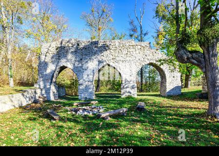 Blick auf die Ruinen von Arnsburg im Herbst mit blauem Himmel Stockfoto