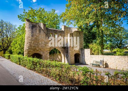 Ohrenbrücker Tor in Ingelheim, Rheinhessen, historisches Stadttor als Teil der Stadtbefestigungen, als Tassenturm mit einer Spitzspitze und Zinnen gestaltet Stockfoto