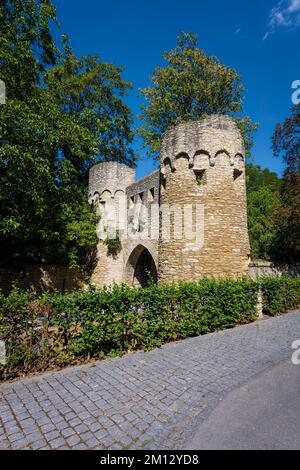 Ohrenbrücker Tor in Ingelheim, Rheinhessen, historisches Stadttor als Teil der Stadtbefestigungen, als Tassenturm mit einer Spitzspitze und Zinnen gestaltet Stockfoto