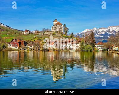 Schloss Werdenberg mit Altstadt am Werdenberger See, Werdenberg, Grabs, Kanton St. Gallen, Schweiz, Europa Stockfoto