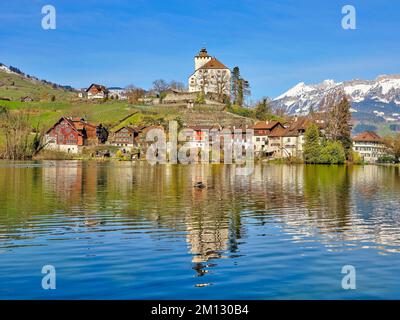 Schloss Werdenberg mit Altstadt am Werdenberger See, Werdenberg, Grabs, Kanton St. Gallen, Schweiz, Europa Stockfoto