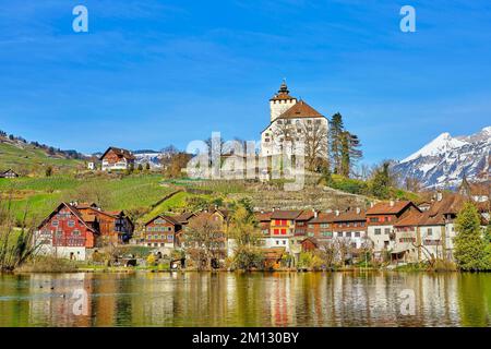 Schloss Werdenberg mit Altstadt am Werdenberger See, Werdenberg, Grabs, Kanton St. Gallen, Schweiz, Europa Stockfoto