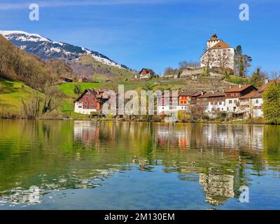 Schloss Werdenberg mit Altstadt am Werdenberger See, Werdenberg, Grabs, Kanton St. Gallen, Schweiz, Europa Stockfoto