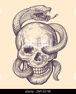 Die Schlange wickelt sich um den menschlichen Schädel. Handgezeichnete Skizze im Vintage-Stil. Tattoo-Vektordarstellung Stock Vektor