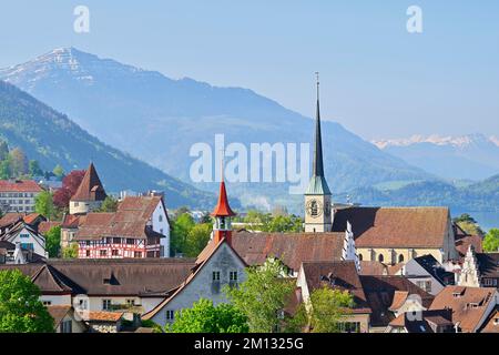 Blick vom Rosengarten am Guggi auf die Altstadt mit Kirche, Rigi im Hintergrund, Zug, Kanton Zug, Schweiz, Europa Stockfoto