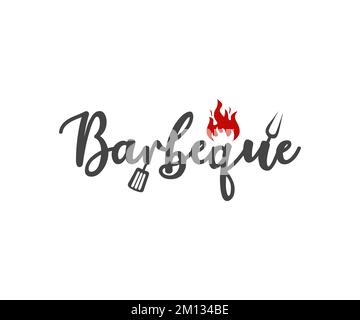 Design mit Grill- und Grill-Logo. Barbecue-Restaurant: Logo-Symbol für Barbecue-, Grill- und Bargrillgabel und Spatel, Vektordesign und Illustration. Stock Vektor