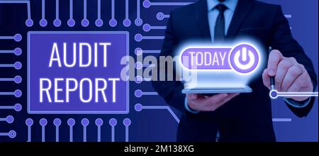 Text, der den Inspiration Audit Report zeigt. Wort für eine Beurteilung des vollständigen finanziellen Status eines Unternehmensvermögens Stockfoto