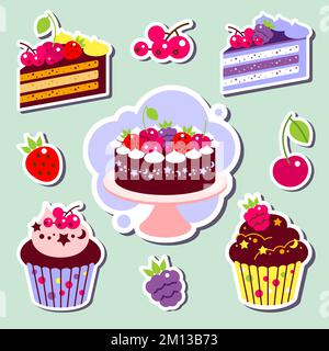 Farbe Set von Kuchen und Cupcakes, Stück Kuchen. Aufkleber anbringen. Stock Vektor