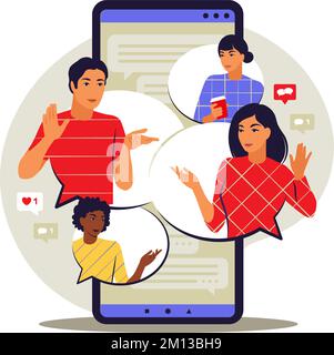 Gesprächskonzept. Mann und Frau sprechen mit Sprechblasen im Chat. Vektorgrafik. Flach. Stock Vektor