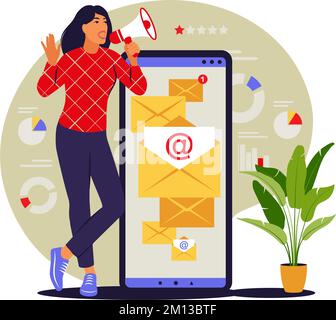 E-Mail-Kampagnenkonzept. Abonnement. Die Menschen nutzen E-Mail-Marketing auf dem Smartphone. Vektorgrafik. Flach. Stock Vektor