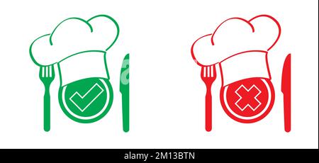 Sichere und gefährliche Lebensmittel Lebensmittelsicherheit, Fertiggerichte Easy Prep Food Symbol Vector Logo für Abendessen, Frühstück, Mittagessen gesunde Ernährung Kochen Gabel und Messer Stockfoto