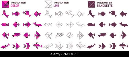 Tangram Puzzle für Kinder. Satz Tangram Fisch. Stock Vektor