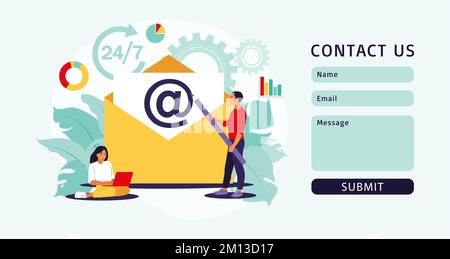 E-Mail-Marketing, Internet-Chat, 24 Stunden Support-Konzept. Cotact US Form. Vektorgrafik. Flach. Stock Vektor