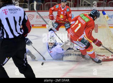 Save by Goalwart Philipp Dietl (STR) versus Daniel FISCHBUCH r. (DEG), Torchance, Action, Eishockey 1. Bundesliga, DEL Matchday 28, Duesseldorfer EG (DEG) - Straubing Tigers (STR), am 9.. Dezember 2022 in Düsseldorf/Deutschland. Stockfoto